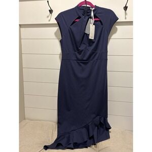 Grace Karin Women Blue Cocktail Dress M Blue Ruffle Hem Short Sleeve Elegant